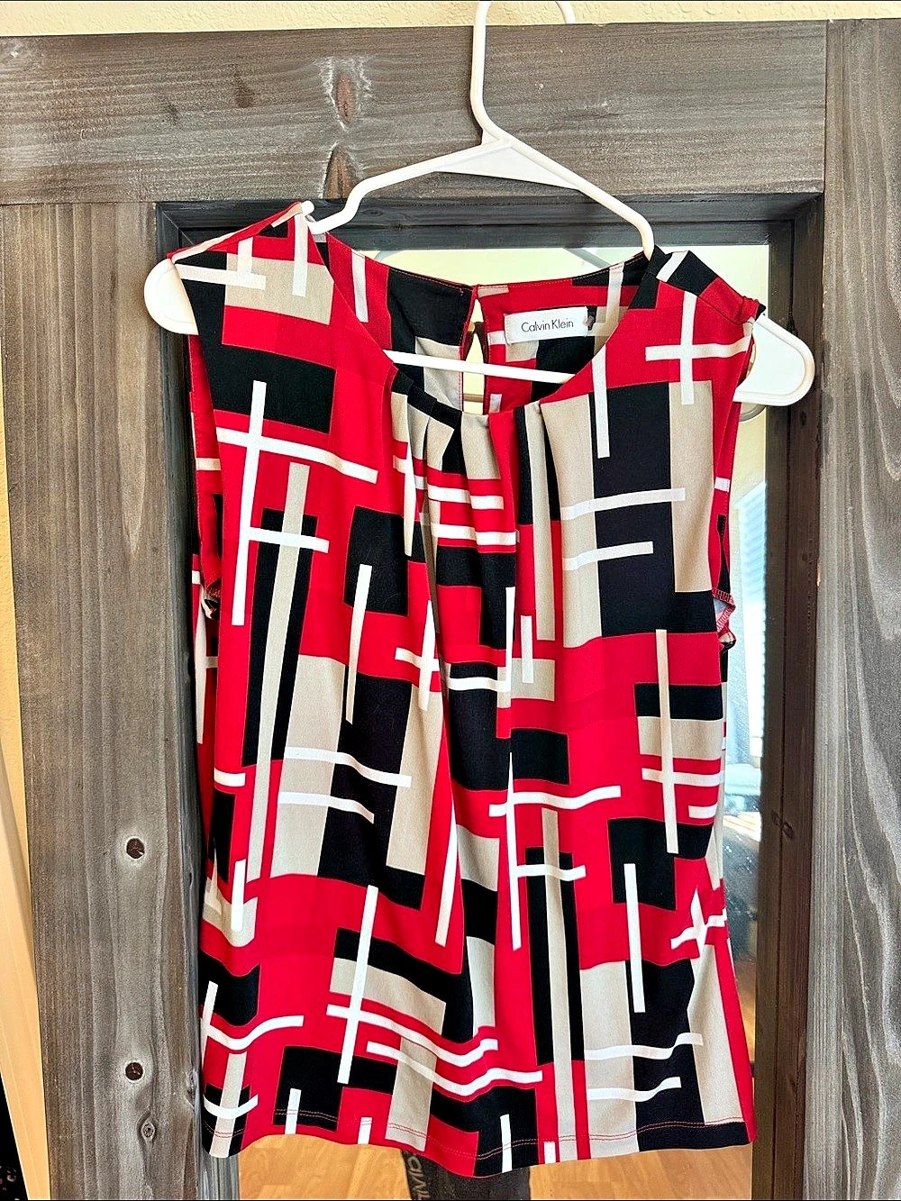 Calvin Klein Geometric Top in Red & Black